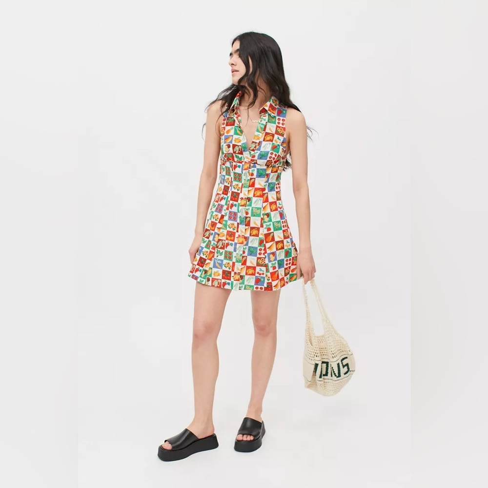 Urban Outfitters Grocery Print Tia Button Front Mini Dress